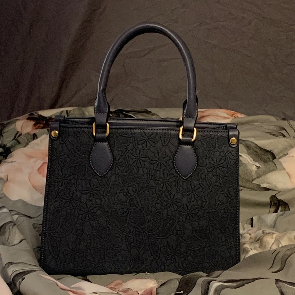 Elegant dark blue Floral Embossed Handbag with removable strap